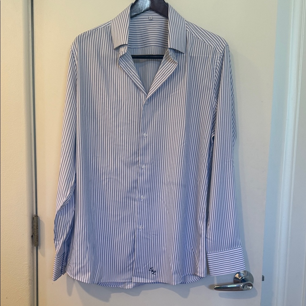 Men's Blue and White Striped Dress Shirt - Tailored Long Sleeve
